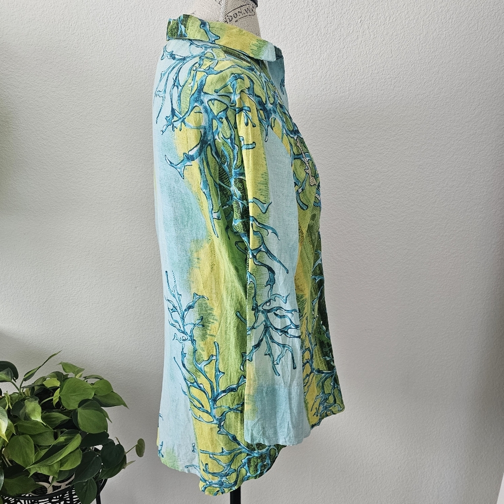 Antica Sartoria by Giacomo Cinque Tunic Shirt L Large Green Blue Coral Print - Picture 3 of 12